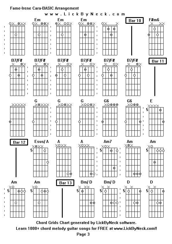 Chord Grids Chart of chord melody fingerstyle guitar song-Fame-Irene Cara-BASIC Arrangement,generated by LickByNeck software.